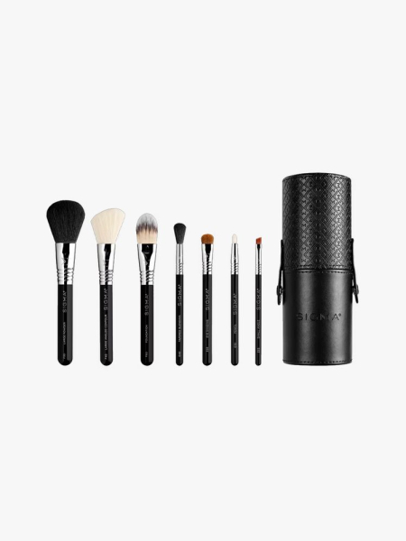 Sigma Beauty Essential Travel Brush Set in branded components on a light gray background